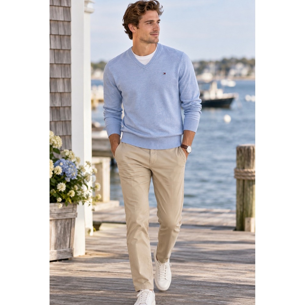 Tommy Hilfiger V-Neck Soft Cotton Blend Slim Fit Sweater Sz L Preppy Old Money